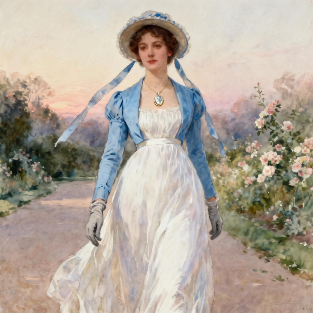 AI regency noblewoman wearing an empire silhouette dress
