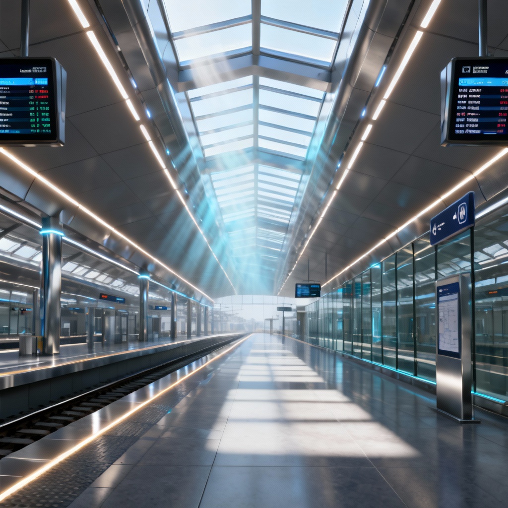 AI futuristic smart station interior with digital signage