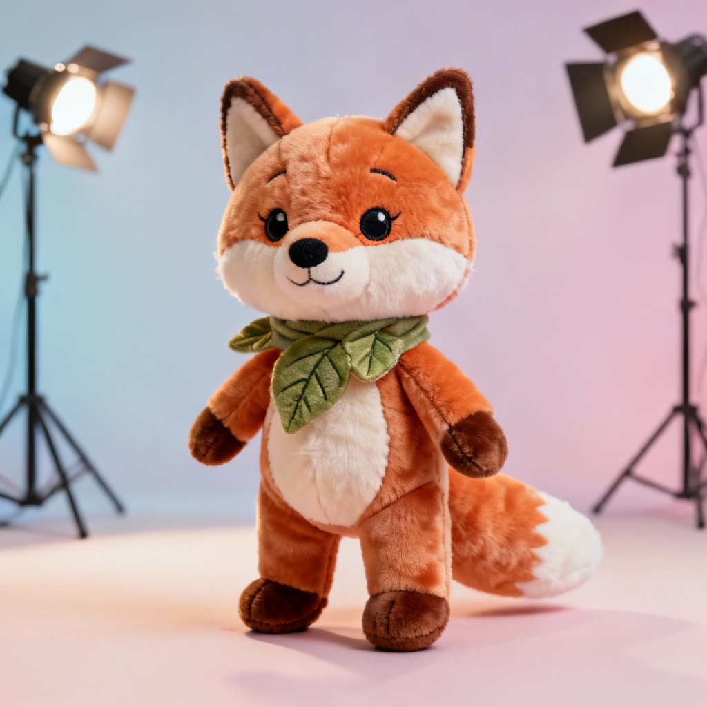 AI fox plush figure mockup with embroidered details