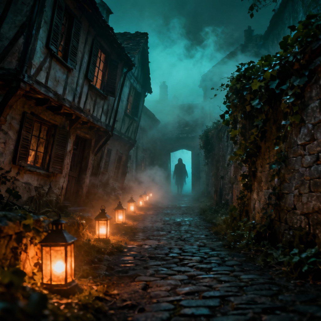 AI haunted village cobblestone lane with flickering lanterns and fog