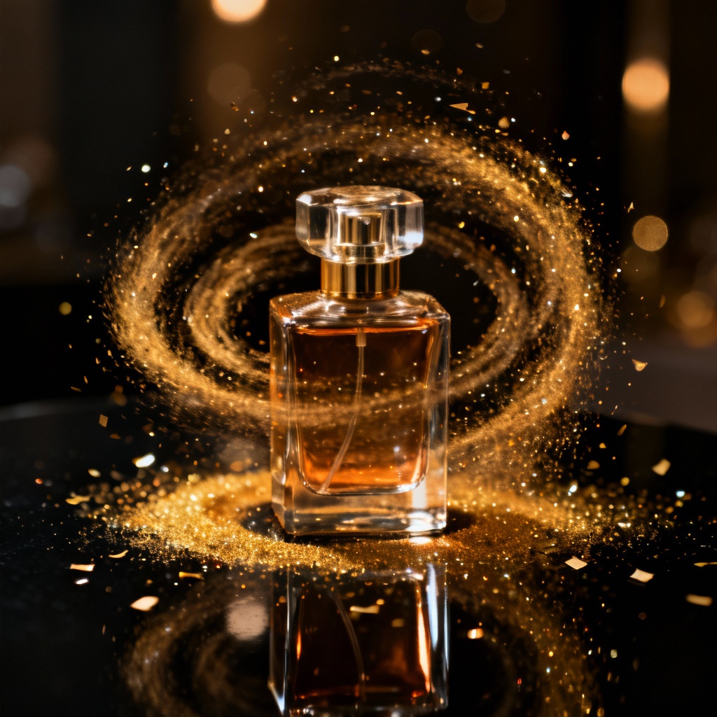 Perfume bottle with swirling gold dust burst