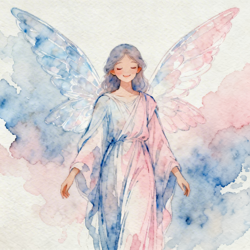 Watercolor guardian angel with translucent wings