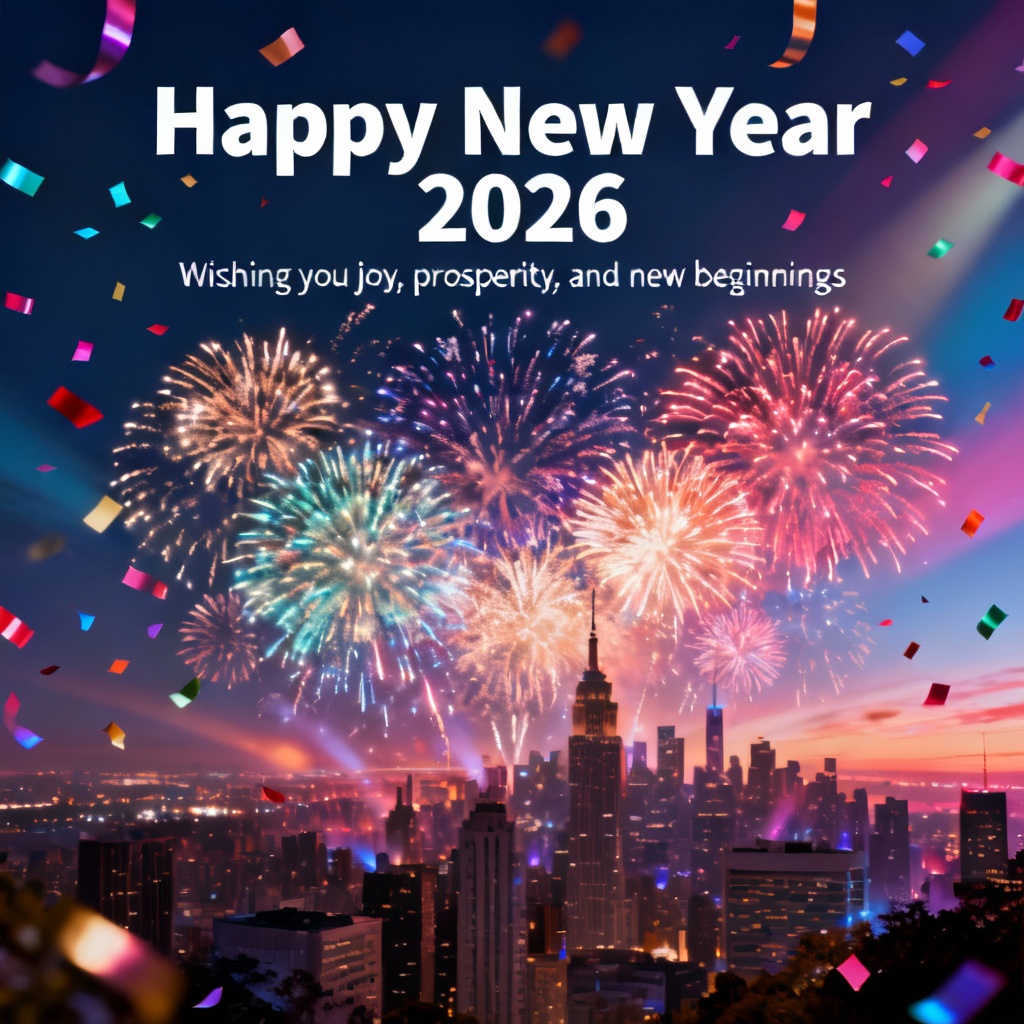 New Year postcard with fireworks over city skyline