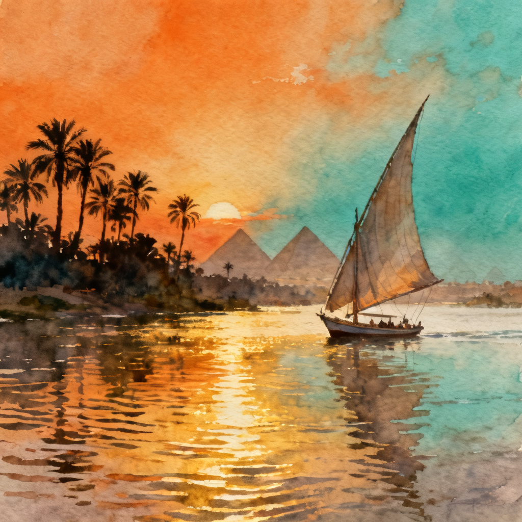 AI Nile river scene with felucca at sunset