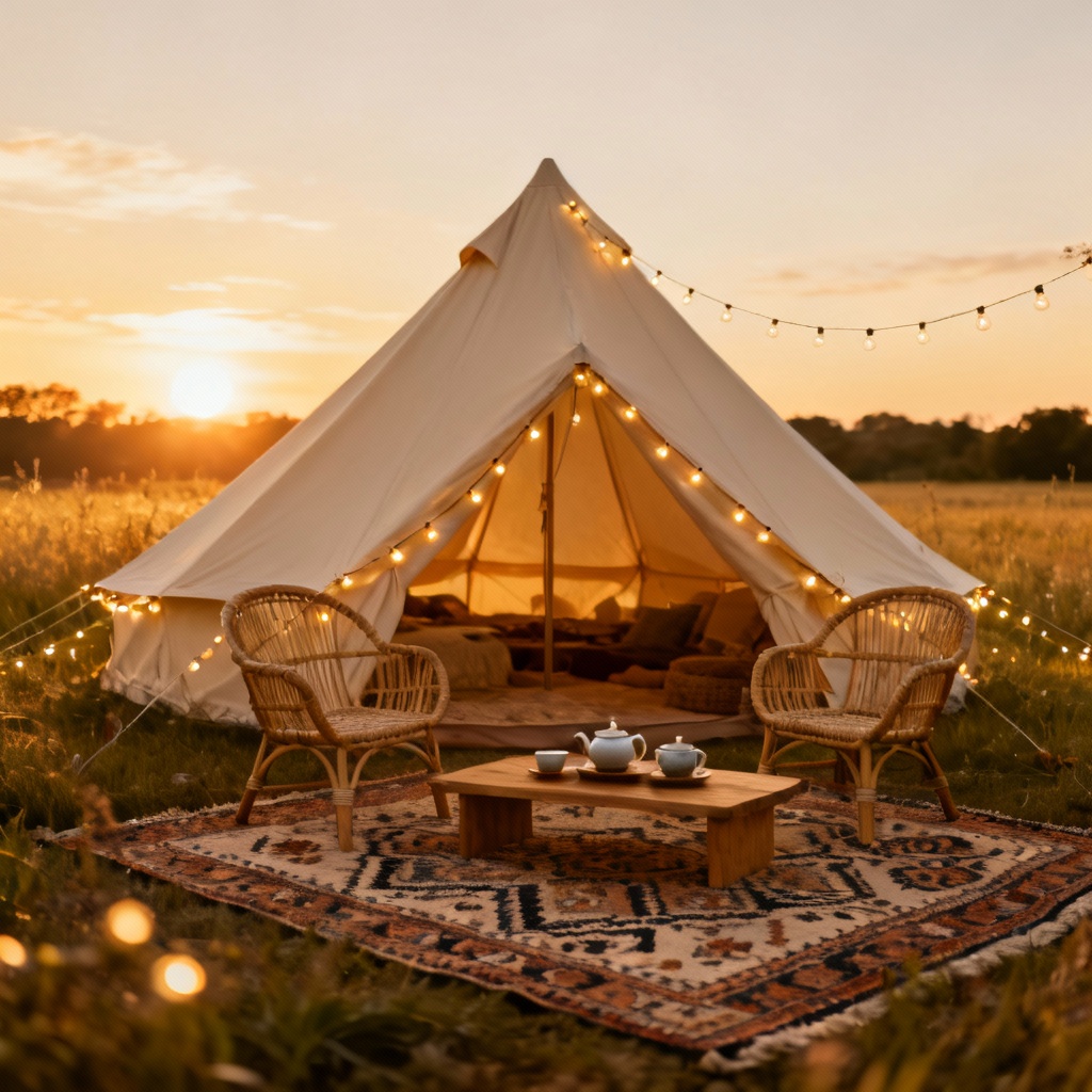 AI glamping campsite with canvas bell tent and cozy lights