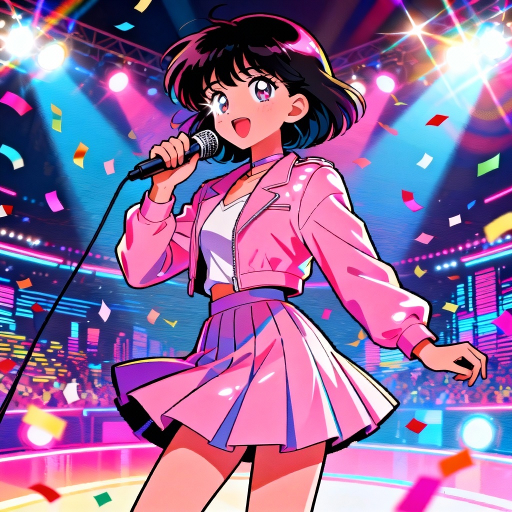 AI 90s anime girl idol singing on neon stage