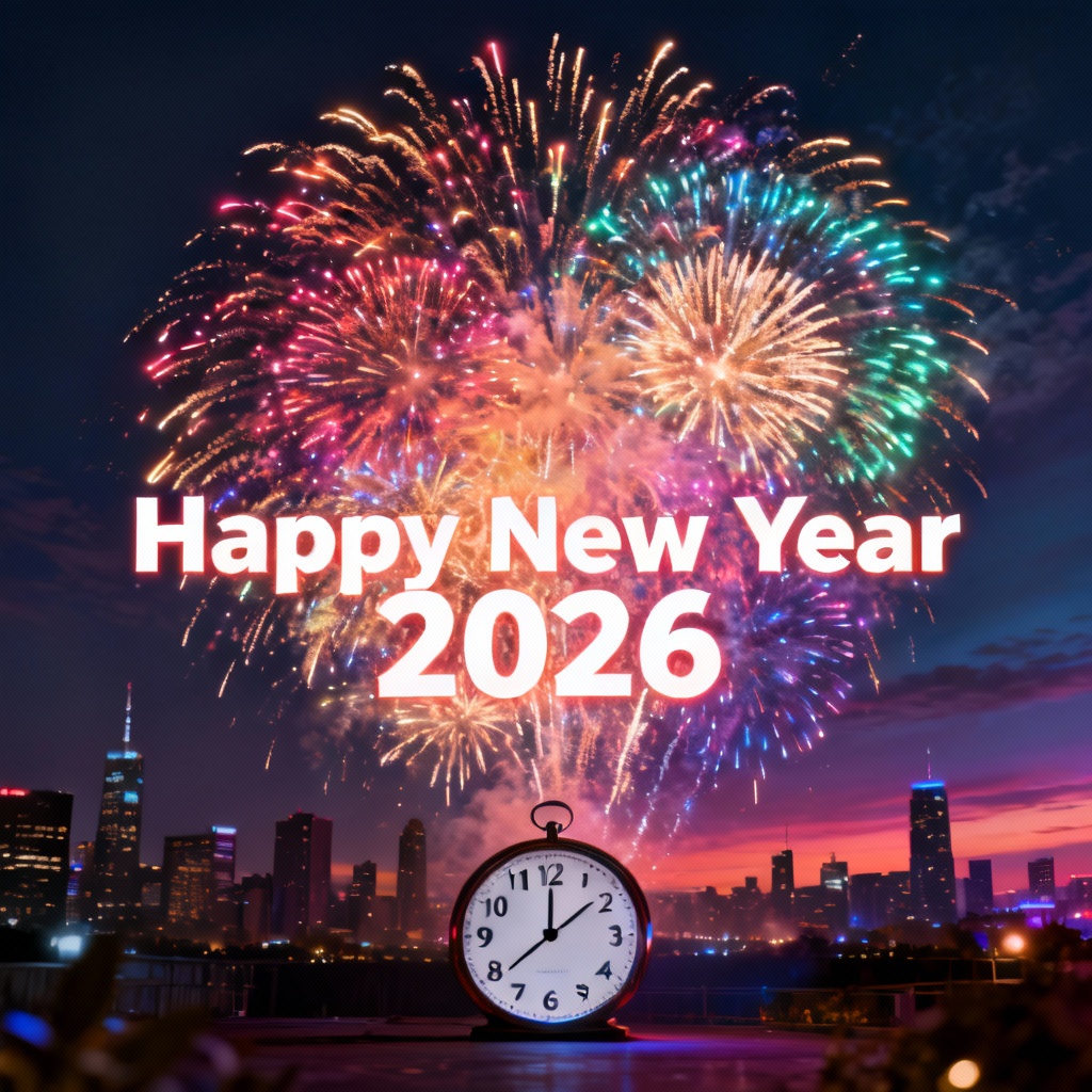 City skyline countdown with fireworks and Happy New Year 2026 text