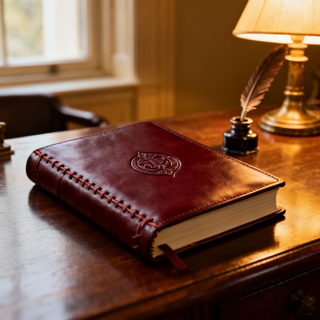 Burgundy leather journal with embossed emblem and stitched spine