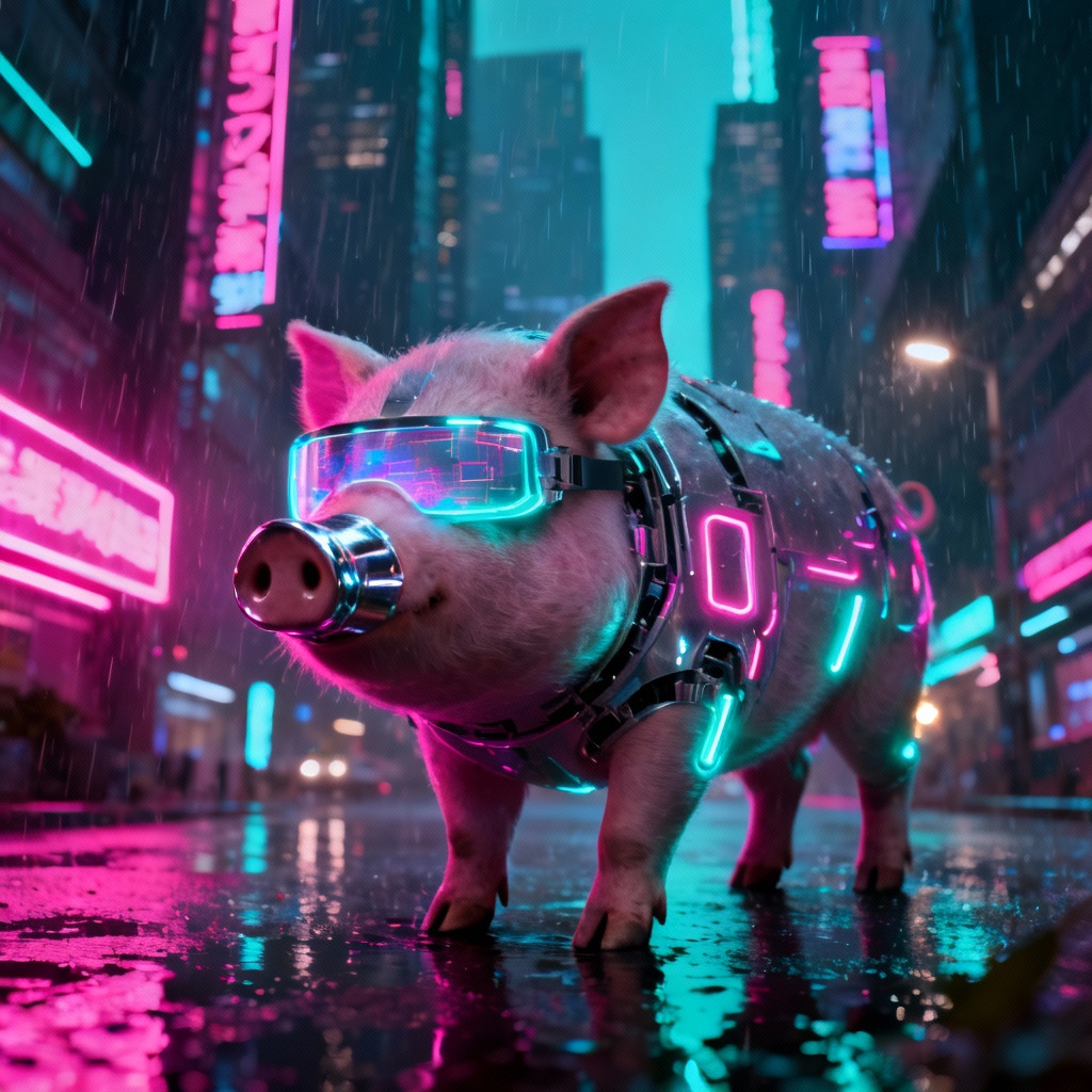 AI cyberpunk neon pig in a futuristic city at night