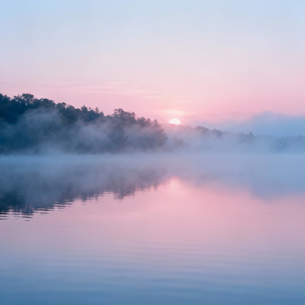 AI serene art of a misty lake at sunrise with pastel sky