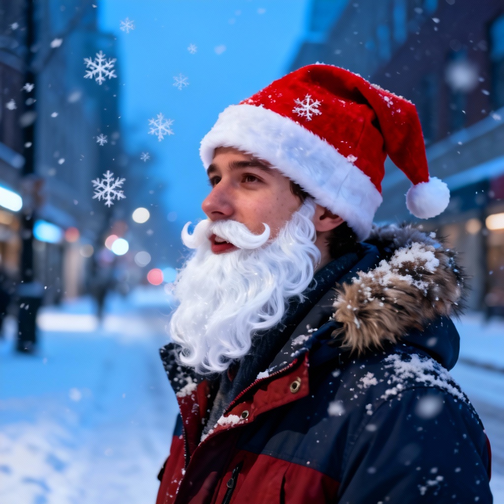 Snowy outdoor Santa selfie on winter street