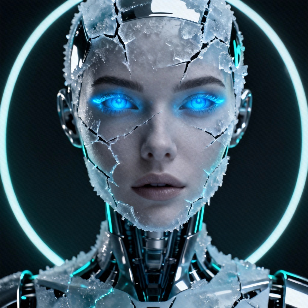 AI portrait of a futuristic ice android girl with blue LEDs