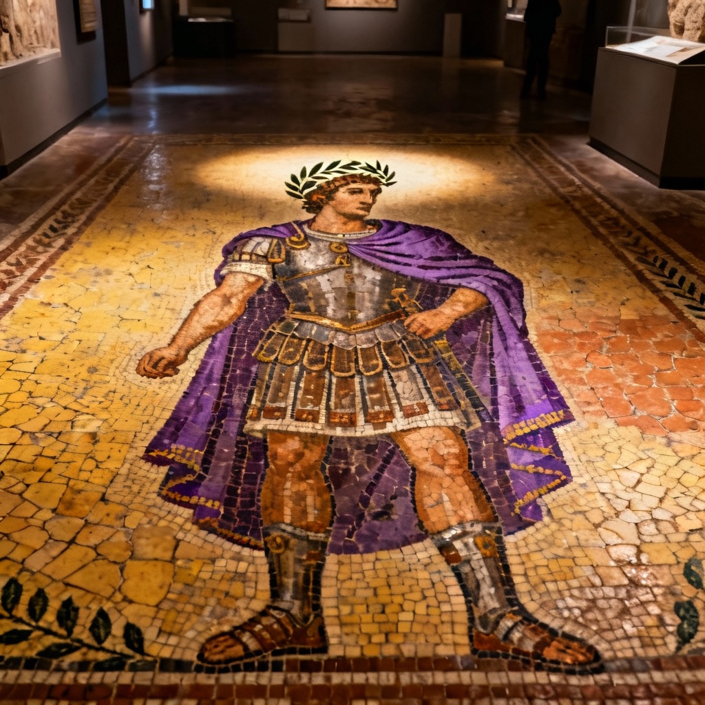AI Roman general in ancient mosaic tile art style