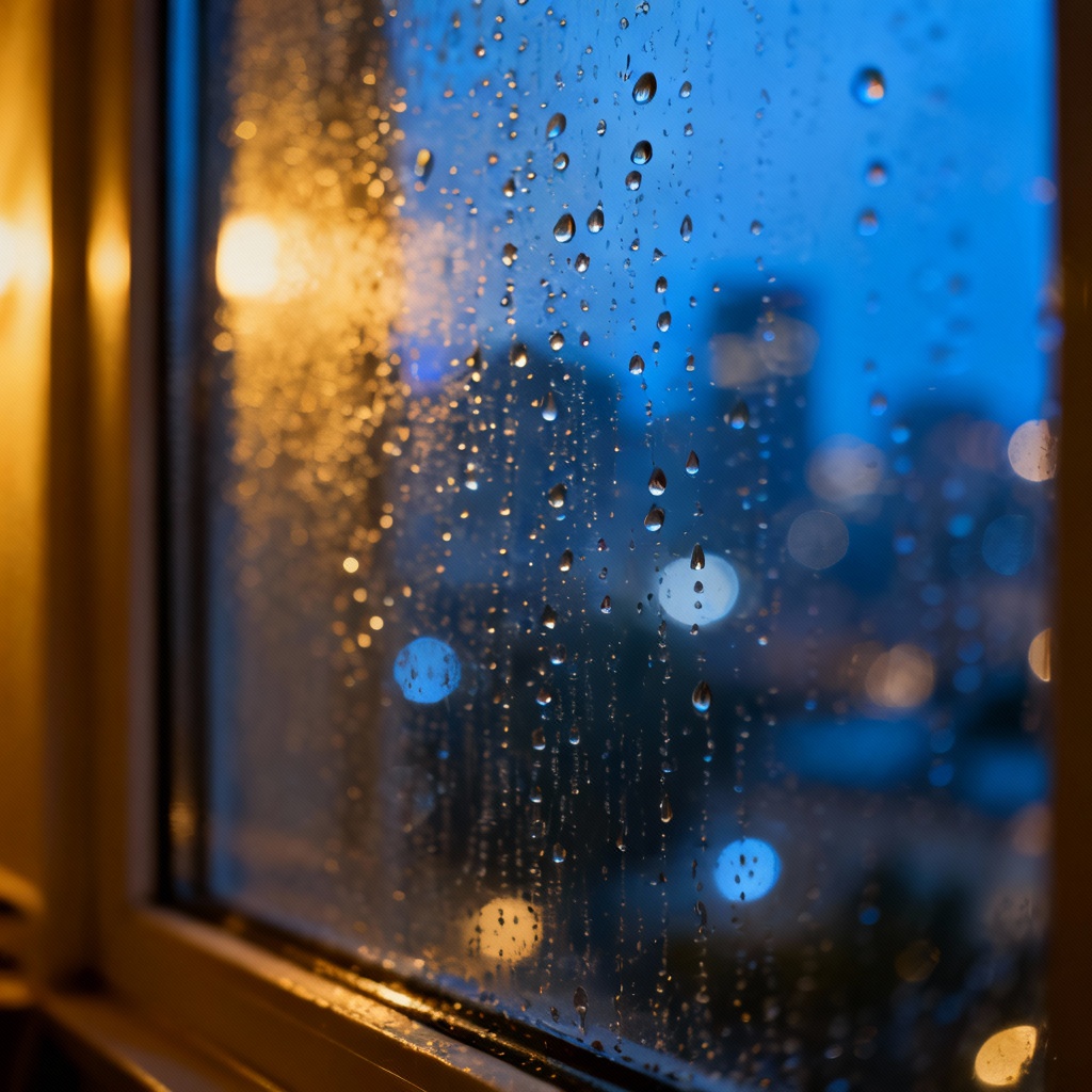 AI close-up window raindrops with bokeh lights
