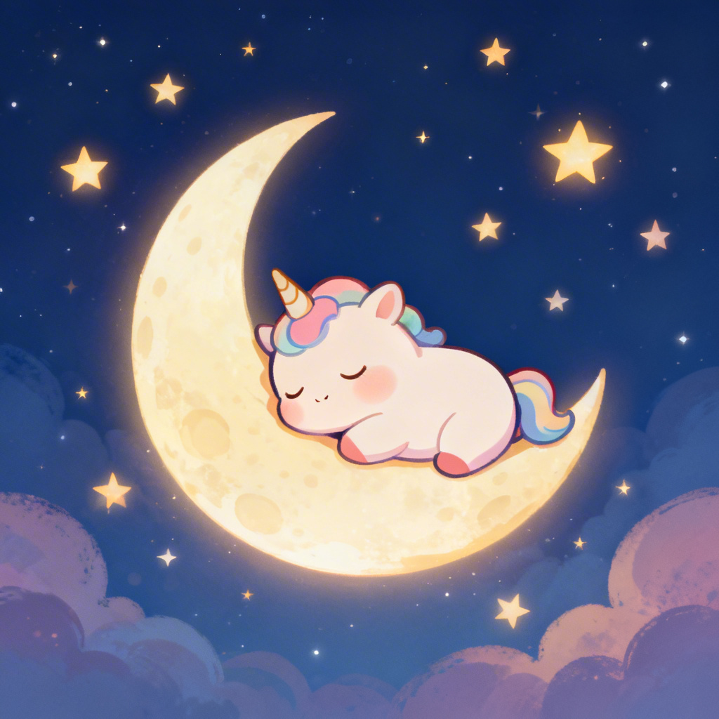 Chubby unicorn sleeping on crescent moon