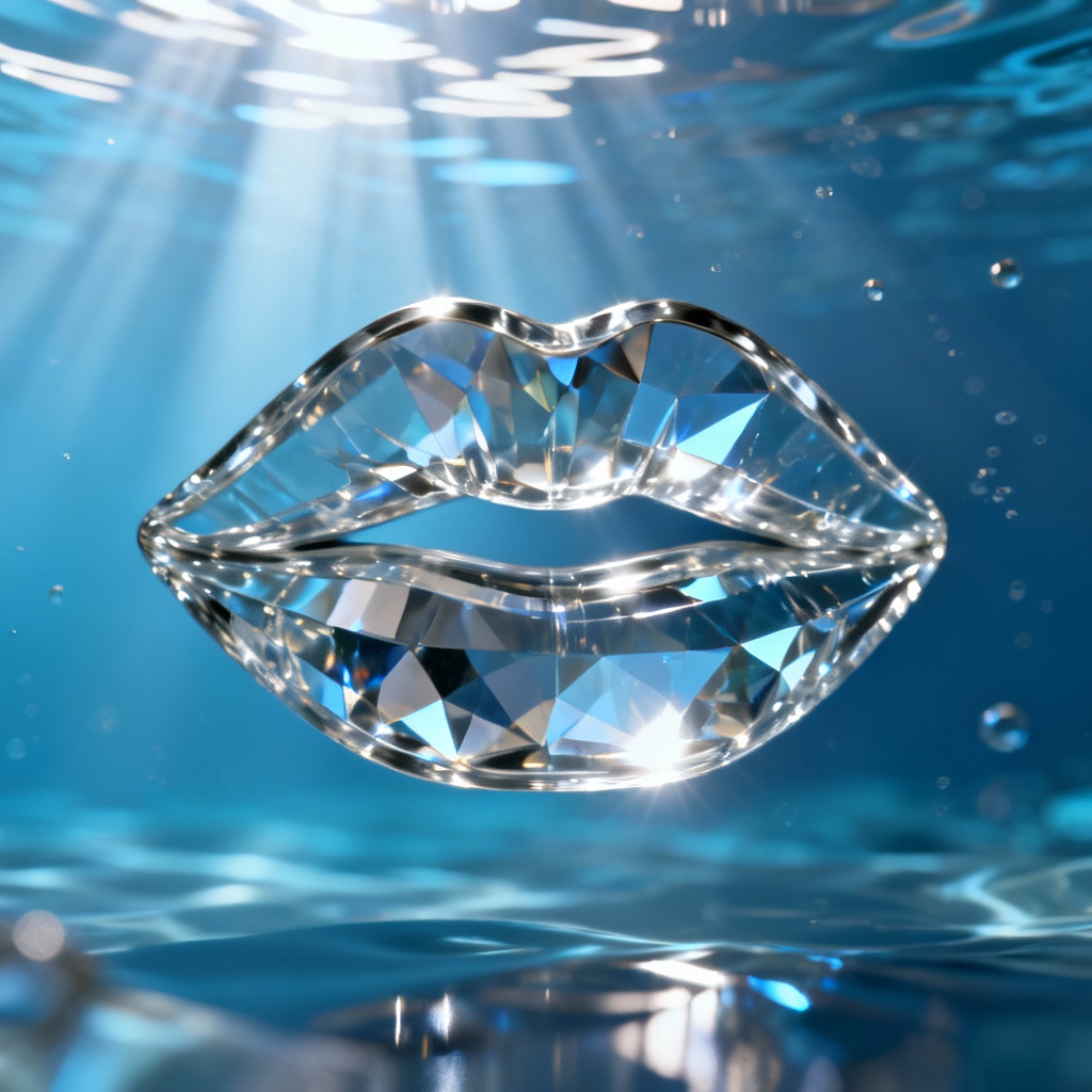 AI glossy 3D glass fish mouth floating in blue water