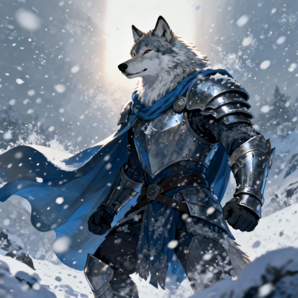AI arctic wolf furry guardian standing in a snowstorm