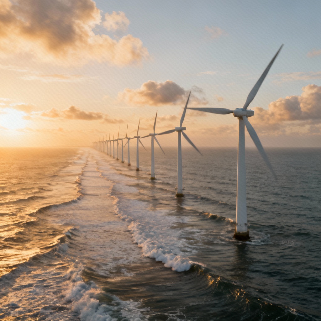 Photorealistic coastal wind farm at sunset with modern turbines