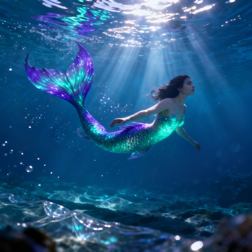 Mermaid with bioluminescent glowing tail in underwater scene