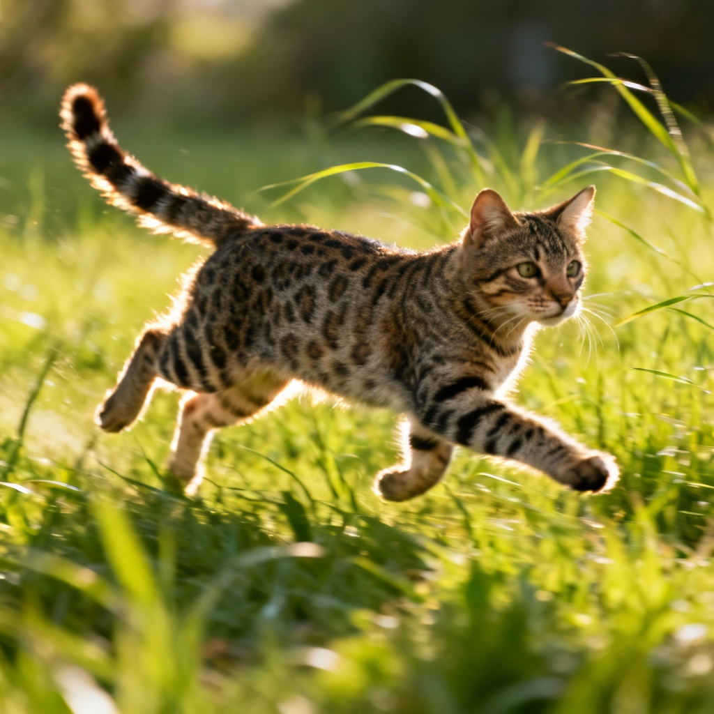 Spotted tabby mid-run in a grassy field