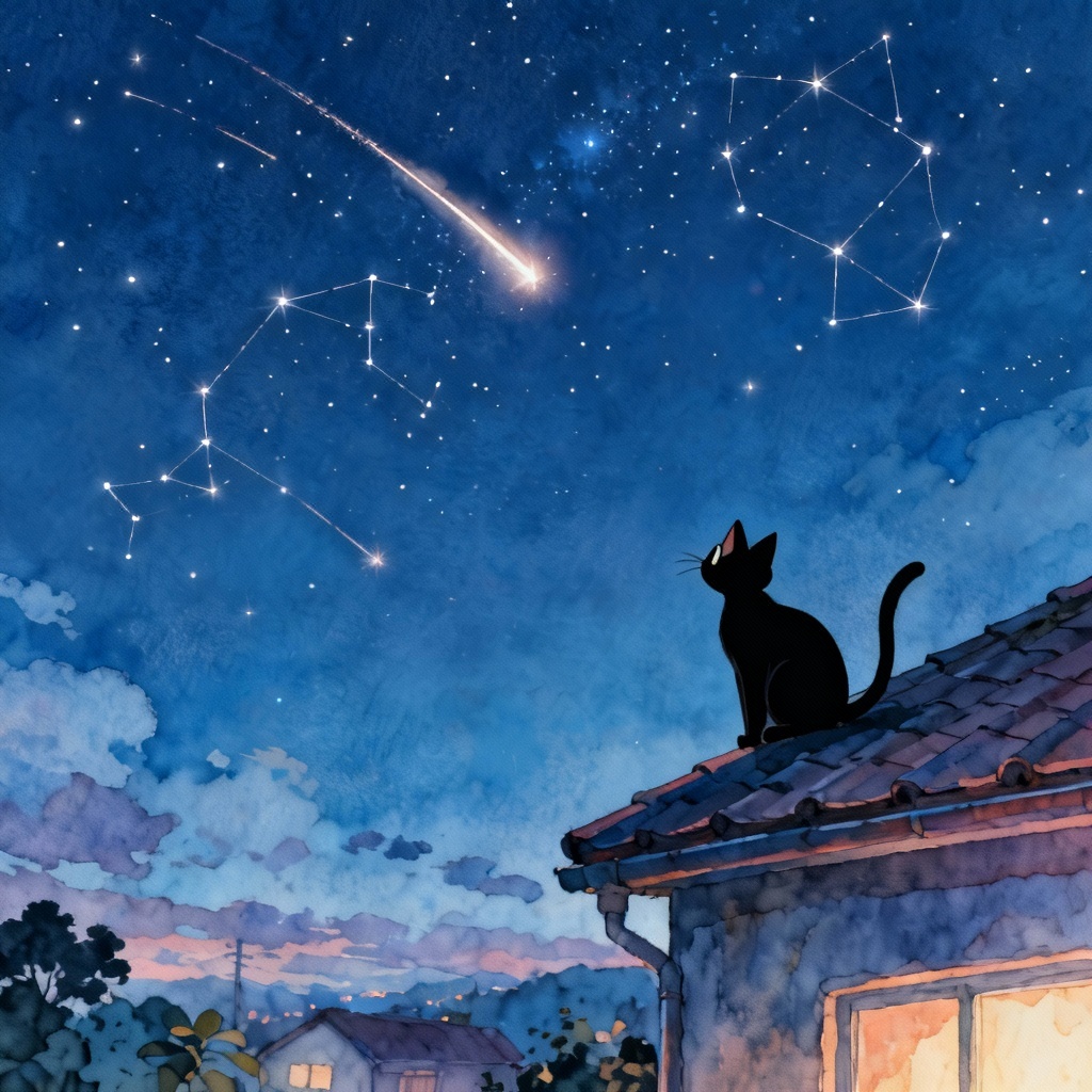 AI Ghibli black cat stargazing on a rooftop