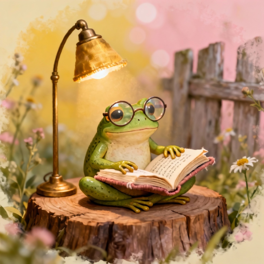 AI cute frog reading a mini book