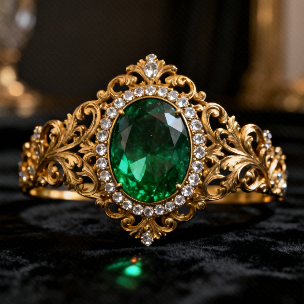 Baroque golden diadem with emerald gemstones and filigree