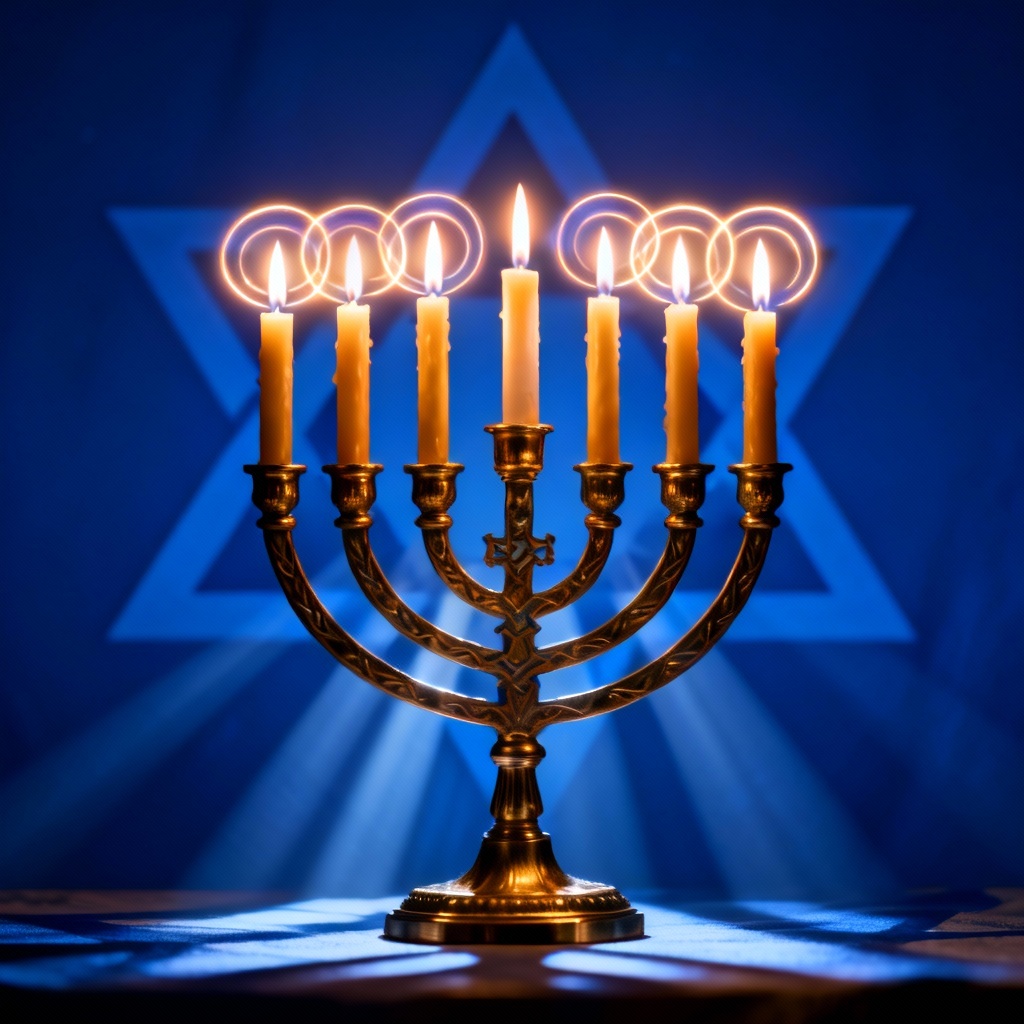 AI art of all eight candles plus shamash lit for the final night of Hanukkah