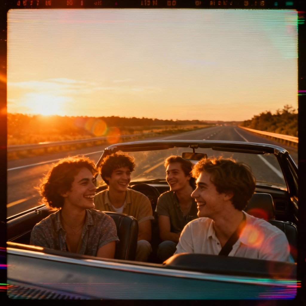 AI nostalgic VHS road trip with timestamp and scanlines