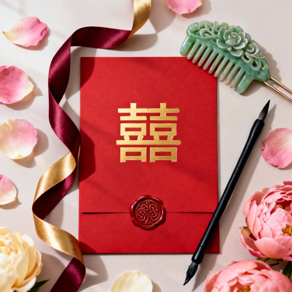 AI Chinese wedding invitation flatlay with double happiness logo