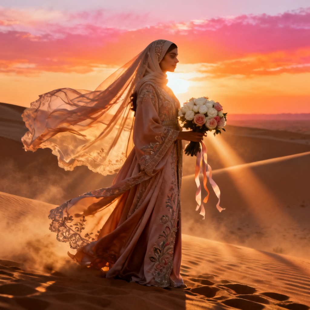 AI Arab bride at desert sunset holding bouquet