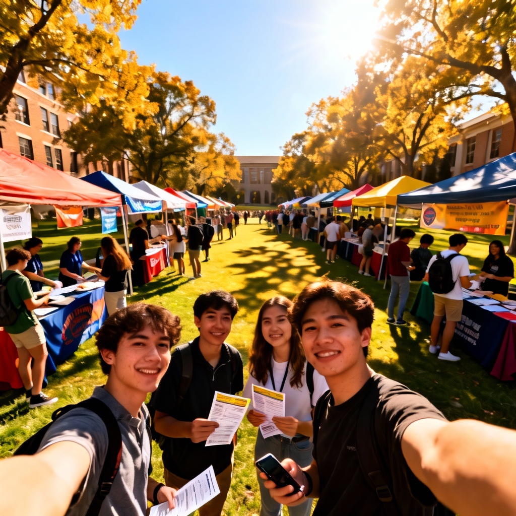AI university club fair with booths and students