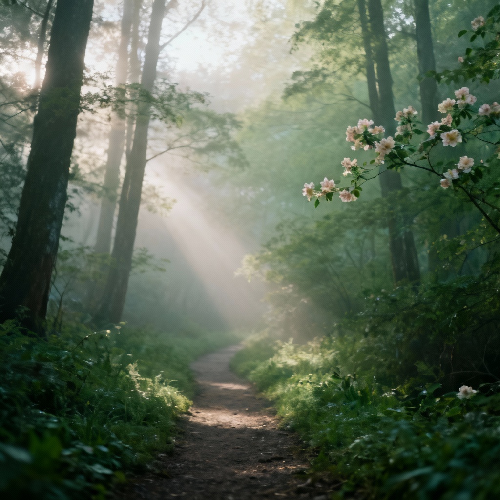 Ethereal foggy forest path with soft light