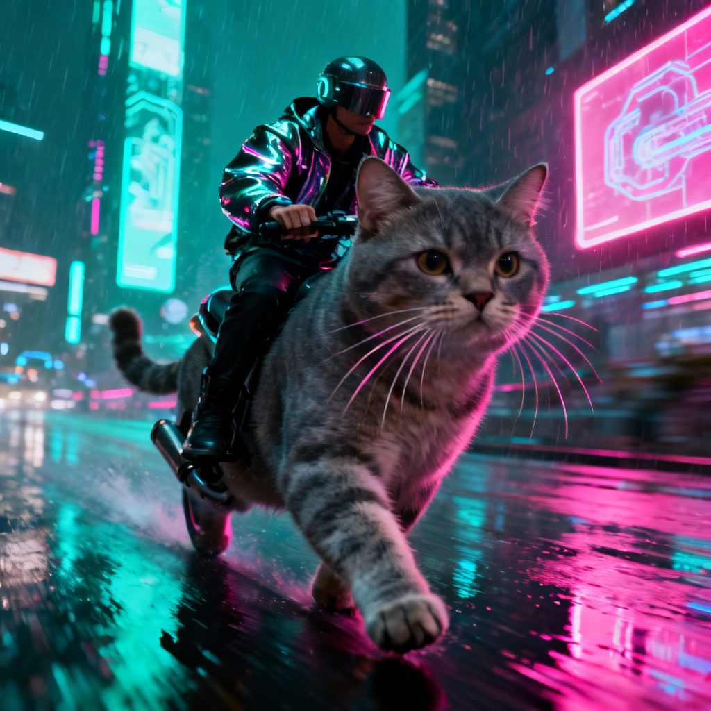 Cyberpunk character riding a giant cat with neon accents
