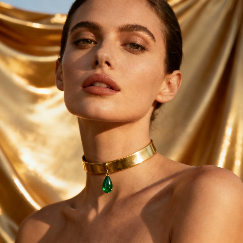 AI luxury gold pendant choker editorial