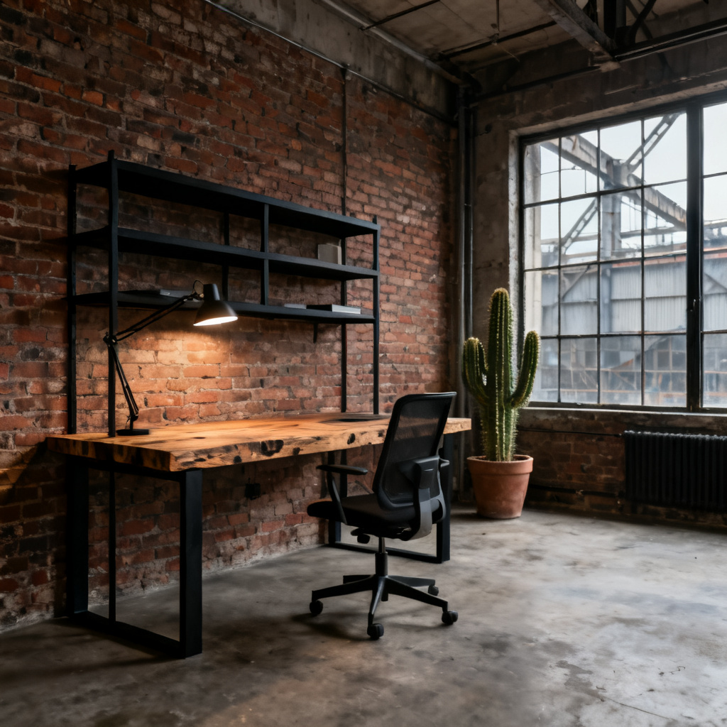 AI industrial loft home office with brick wall