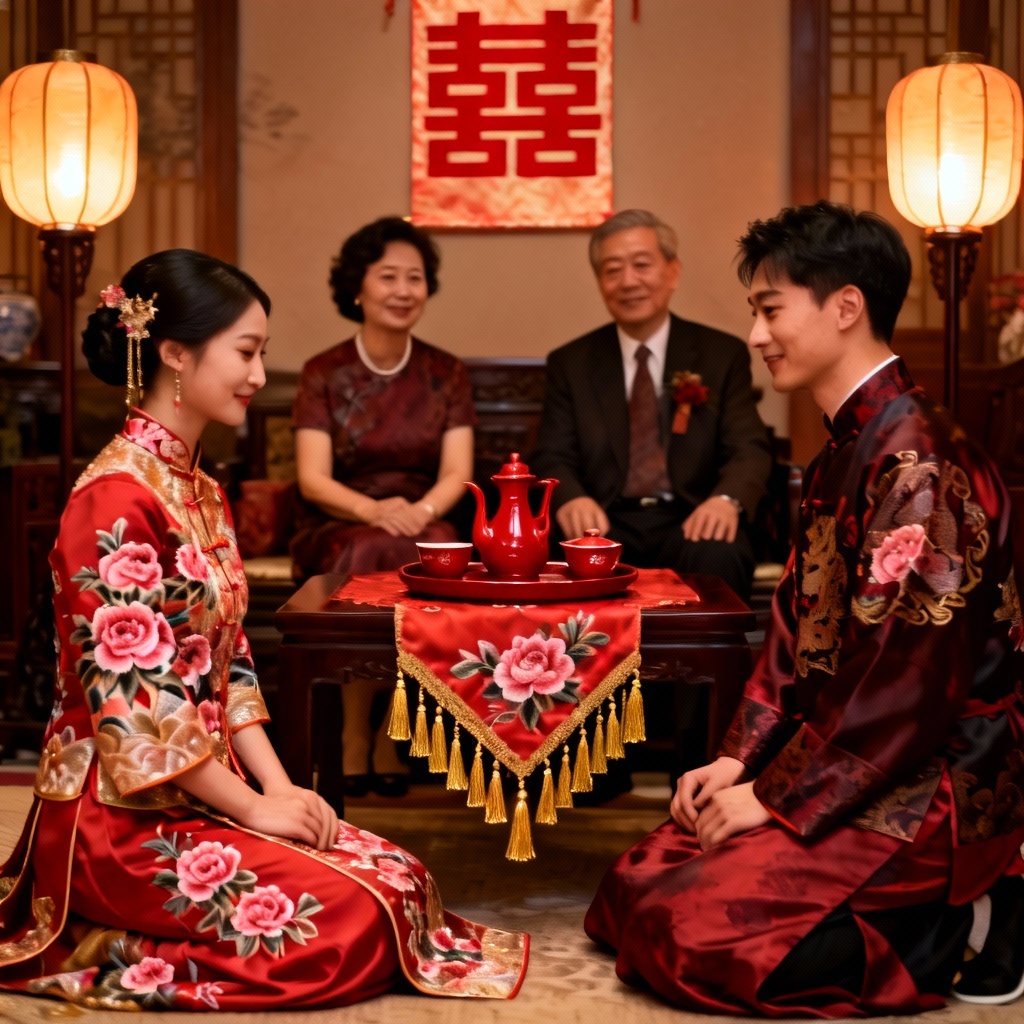 AI Hanfu Chinese wedding tea ceremony with elders blessing