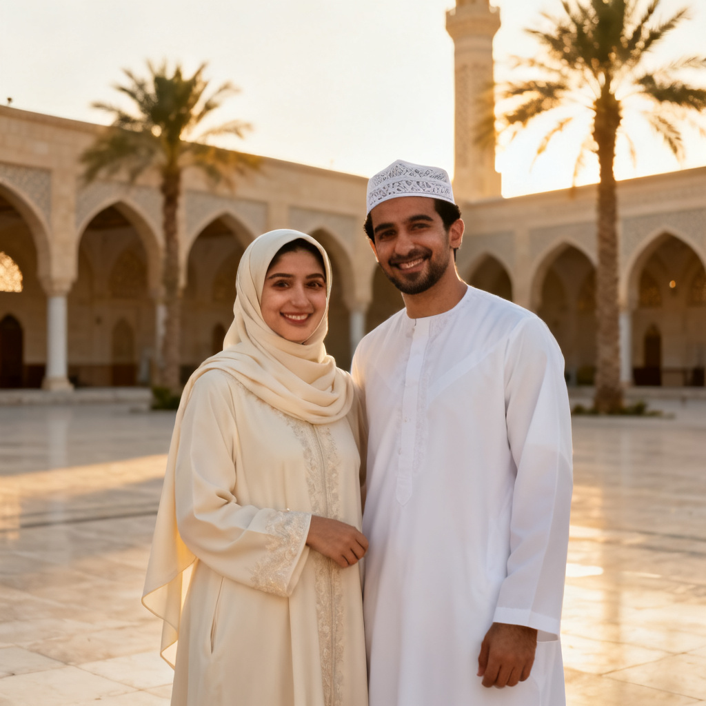 AI Muslim couple portrait at sunset in mosque courtyard
