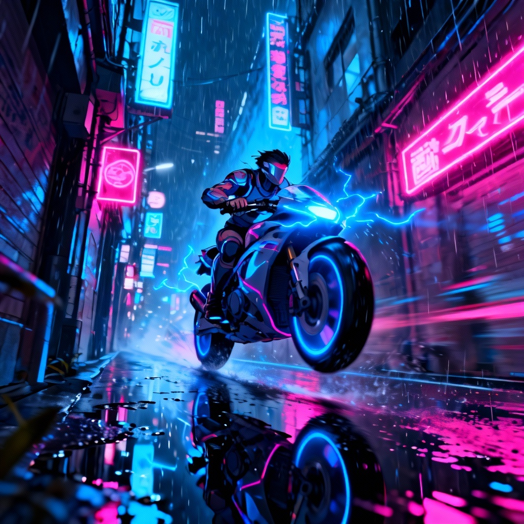 Cyberpunk anime biker in neon alley