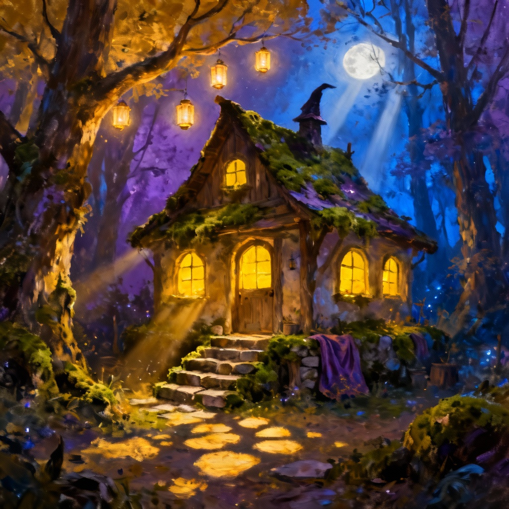AI enchanted forest cottage at night