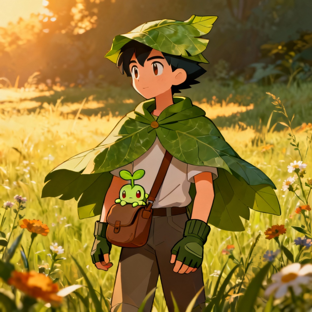 AI grass-type inspired trainer avatar in a meadow