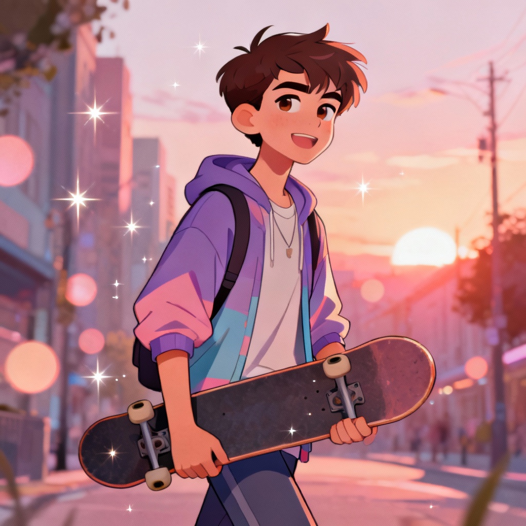 AI Disney-style dreamy skater teen in pastel city