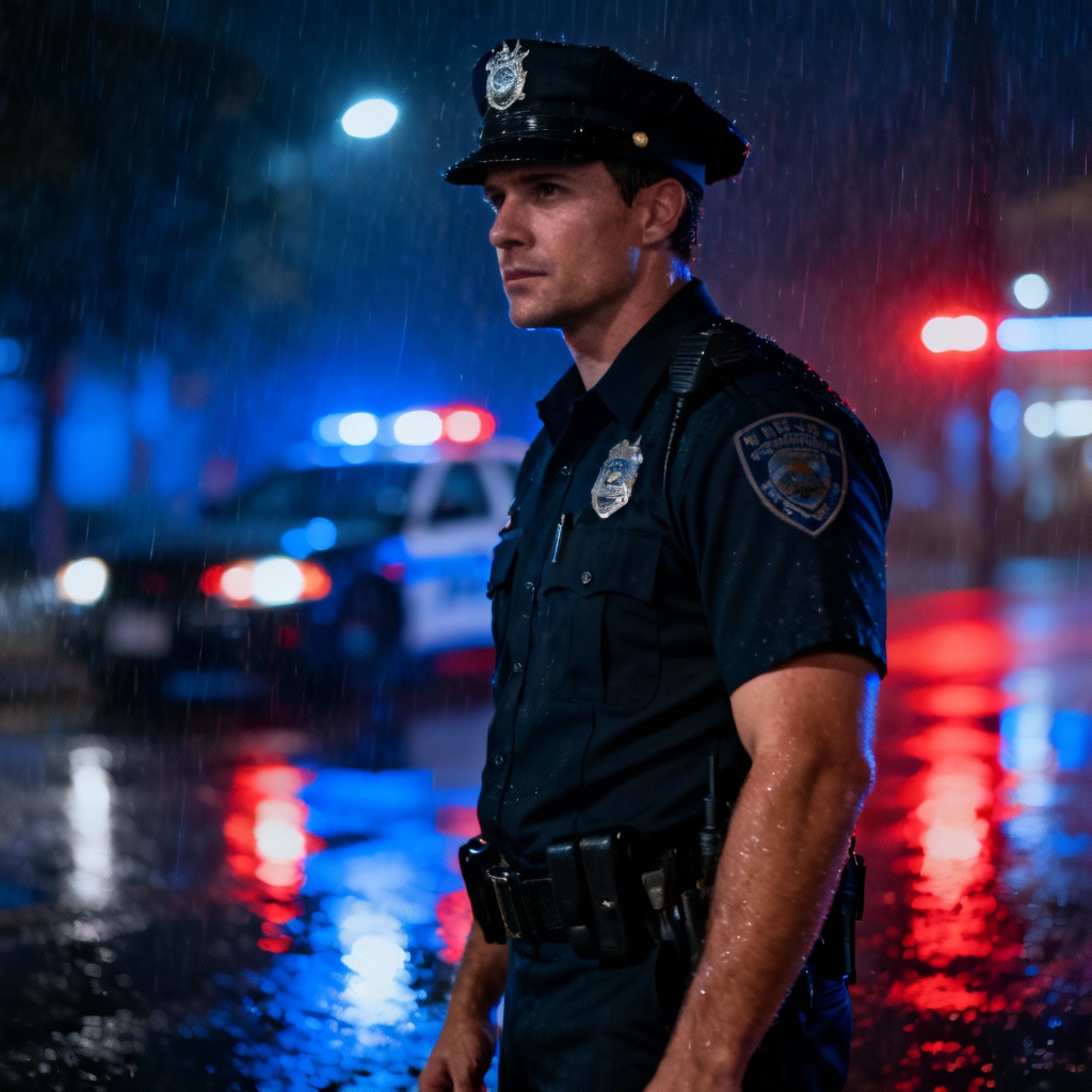 AI generated night patrol officer portrait with cruiser lights