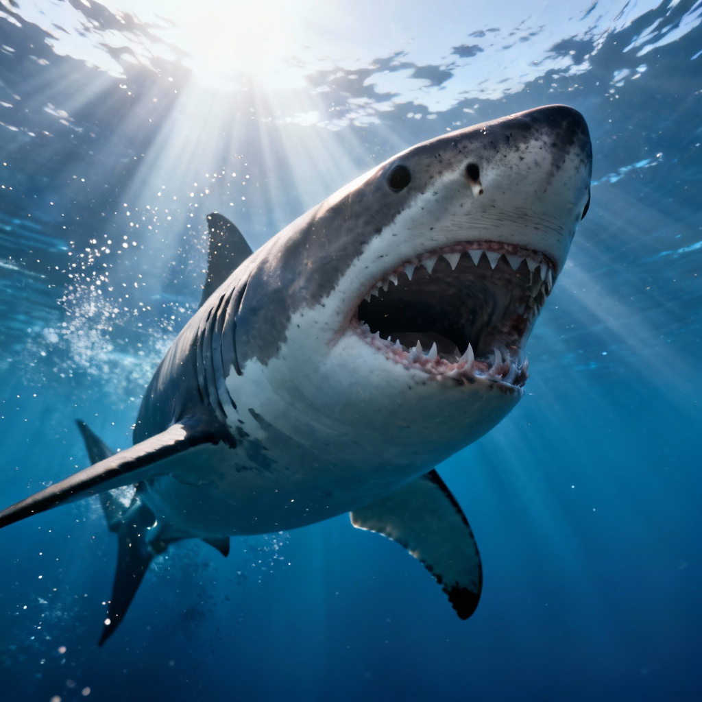 AI generated great white shark underwater