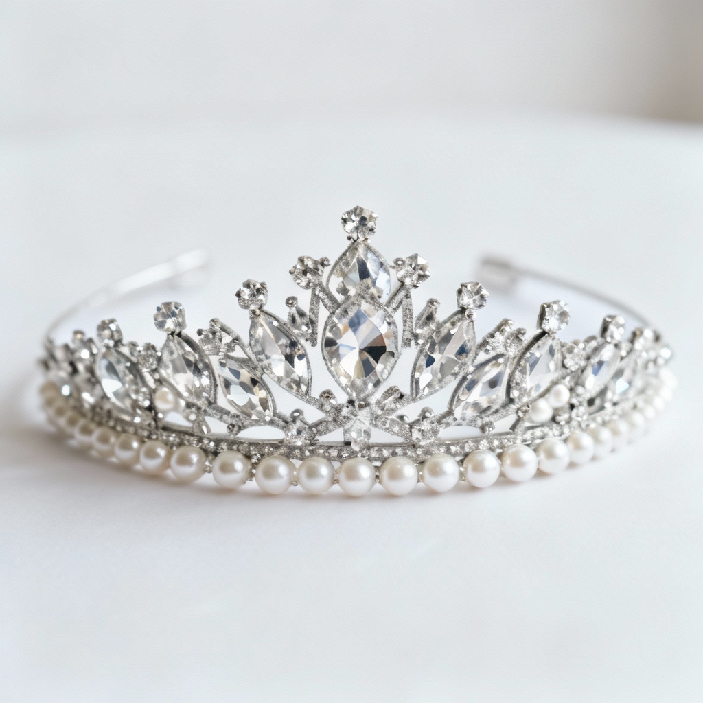 AI crystal tiara with pearls and rhinestones on white background
