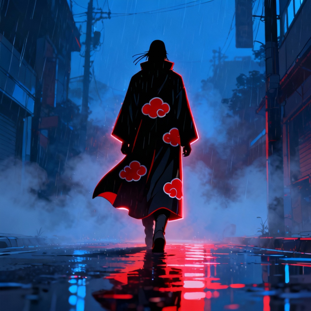 AI Naruto style red cloud cloak character at night