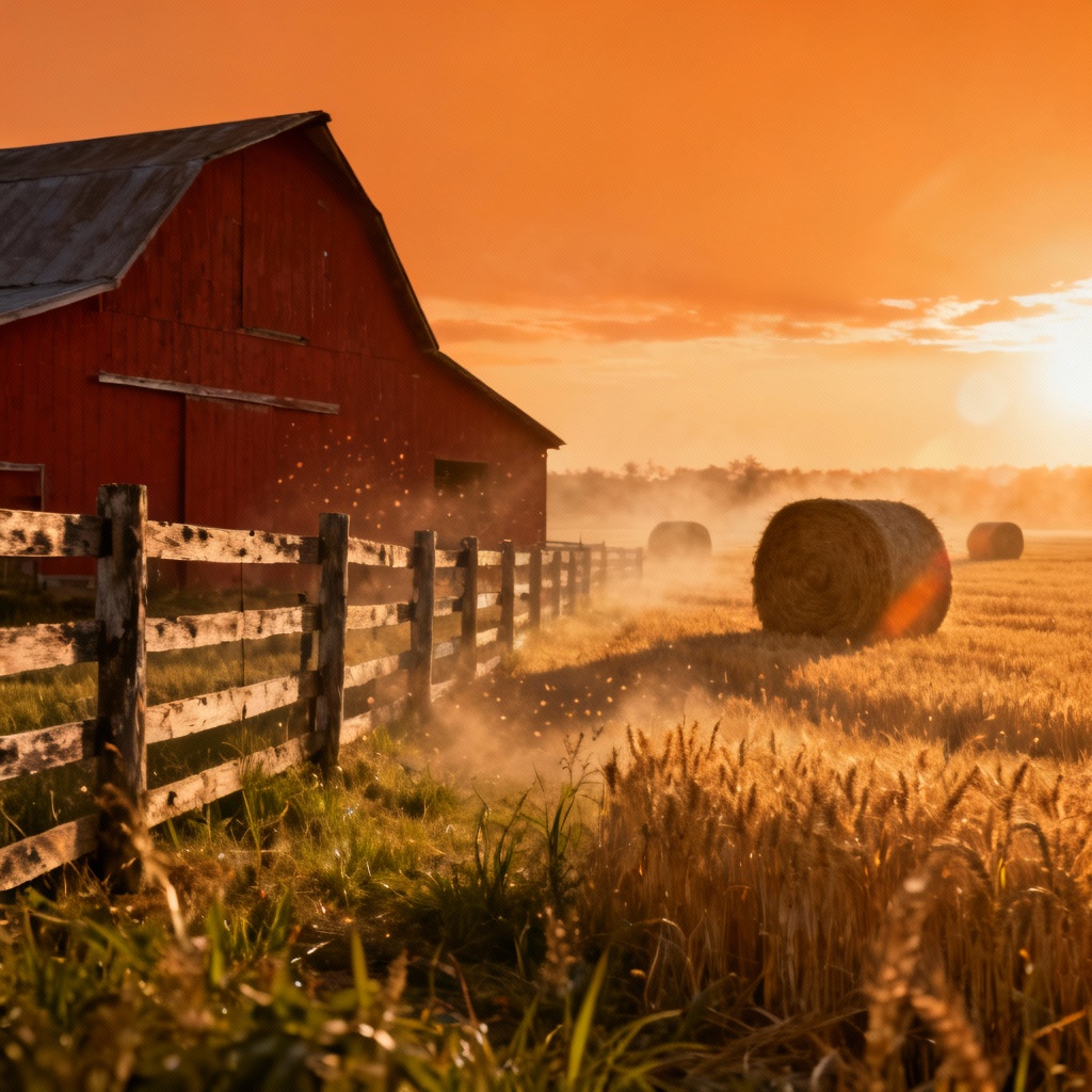 AI cinematic wheat field and red barn at sunset