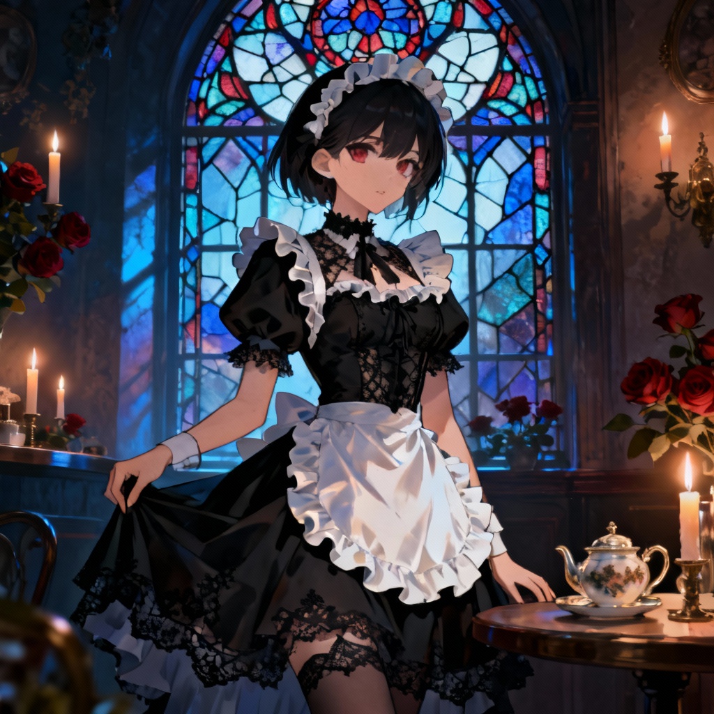 AI gothic waifu maid in candlelit cafe