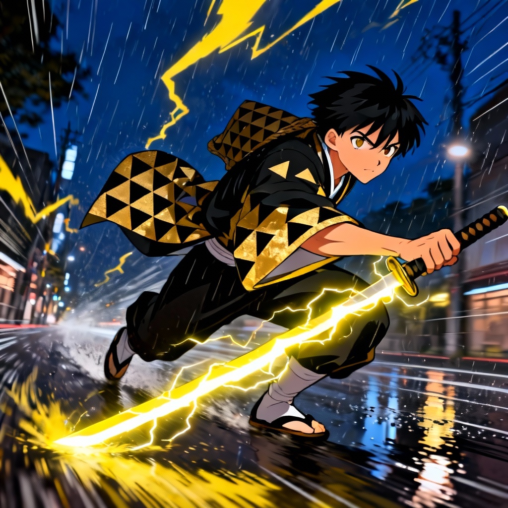 AI thunder breathing swordsman with yellow lightning