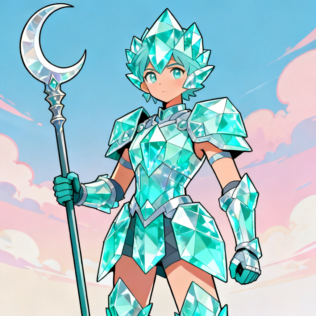 AI aquamarine gemsona knight with crystalline armor and spear